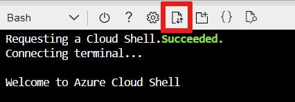 Captura de pantalla que muestra la ubicación del botón de Azure Cloud Shell que se usa para cargar archivos.