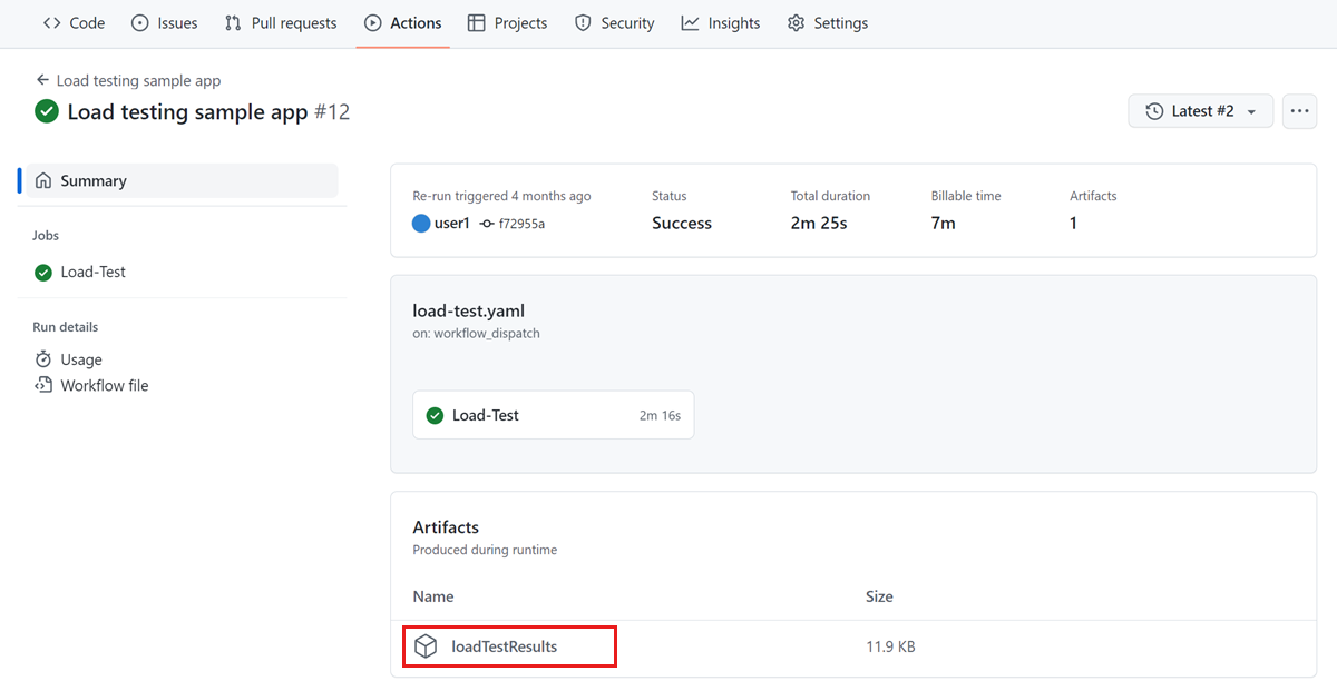 Captura de pantalla que muestra la página de resumen del flujo de trabajo de Acciones de GitHub, donde se resaltan los resultados de las pruebas en la sección Artefactos.