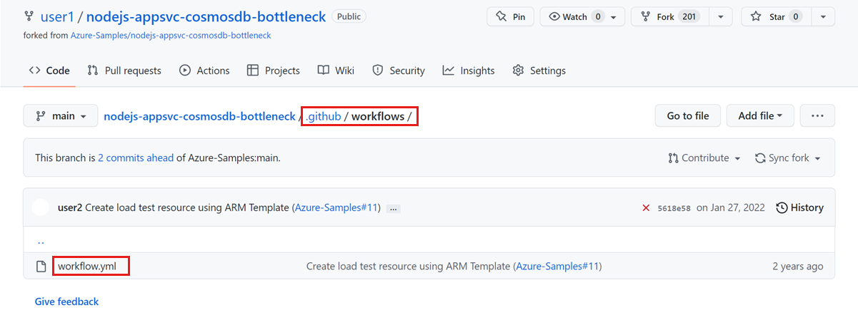 Captura de pantalla que muestra la carpeta que contiene el archivo de definición del flujo de trabajo de Acciones de GitHub.