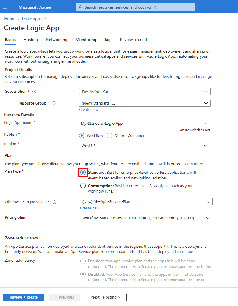 Captura de pantalla que muestra el Azure Portal y la página denominada Crear Logic App.