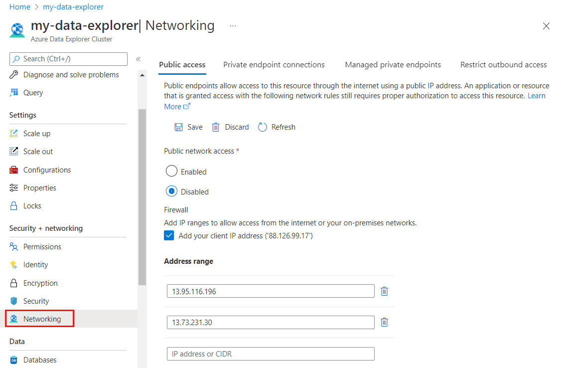 Screenshot of the Azure platform. Add Azure Managed Grafana outbound IPs to datasource firewall allowlist.