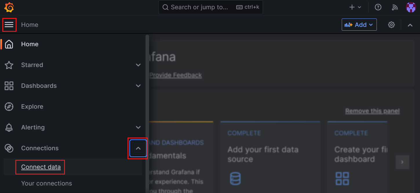 Captura de pantalla del panel de Grafana. Obtener acceso a orígenes de datos.