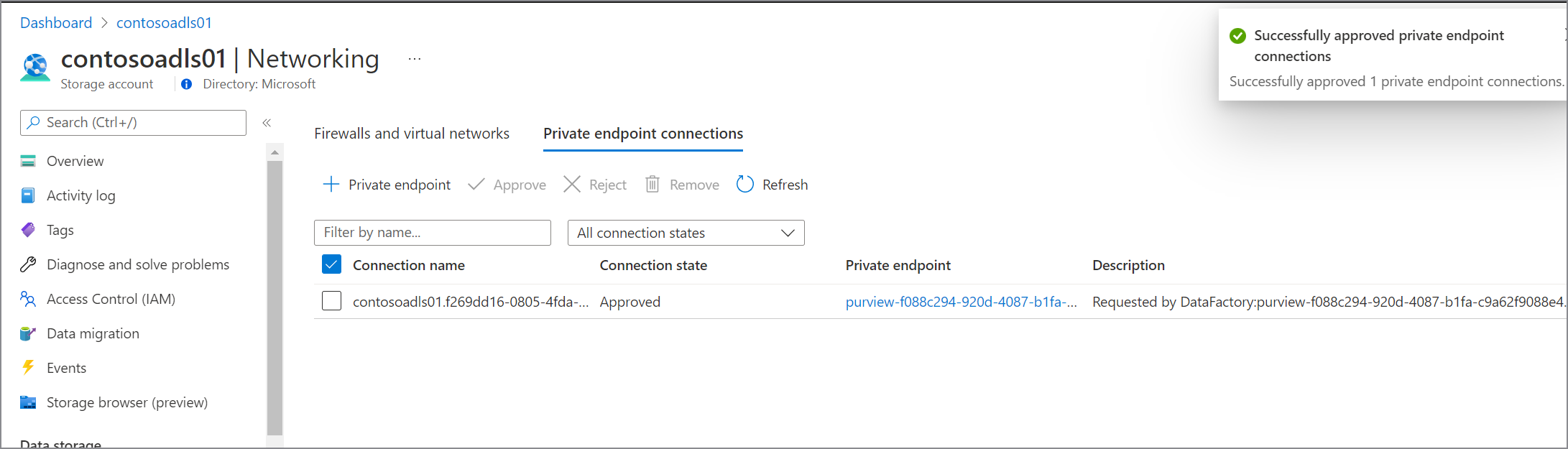 Captura de pantalla que muestra el punto de conexión privado aprobado para orígenes de datos en Azure Portal