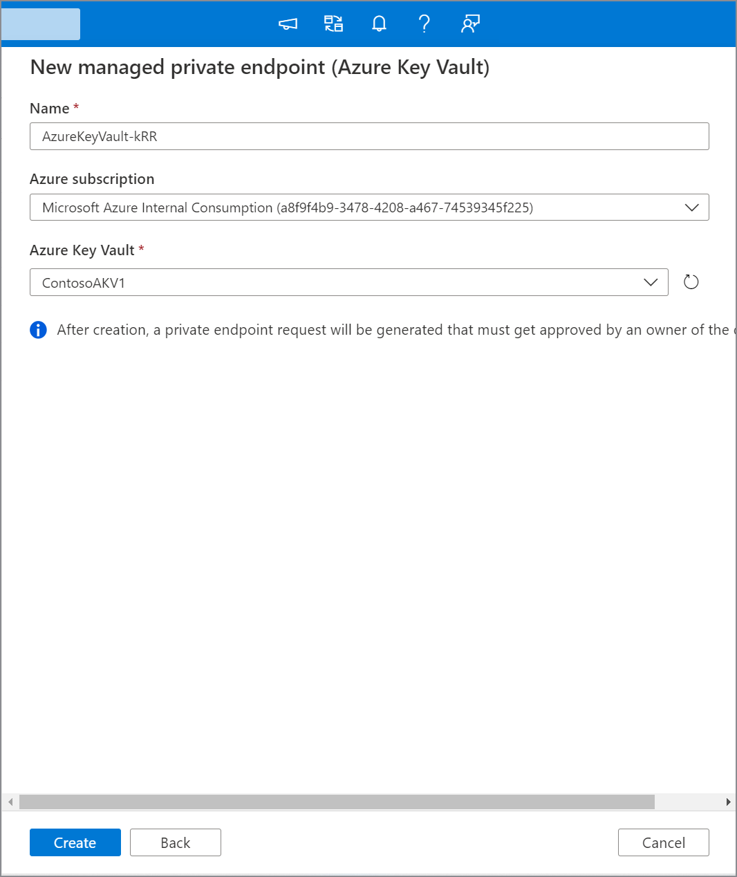 Captura de pantalla que muestra cómo crear un punto de conexión privado administrado para Azure Key Vault en el portal de gobernanza de Microsoft Purview