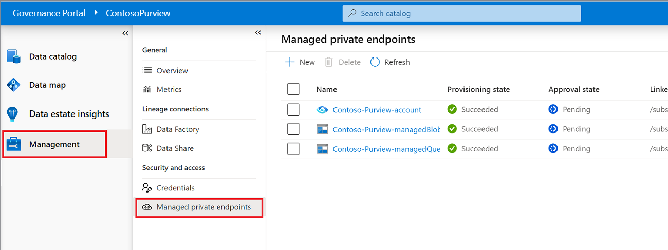 Captura de pantalla que muestra los puntos de conexión privados administrados en Microsoft Purview
