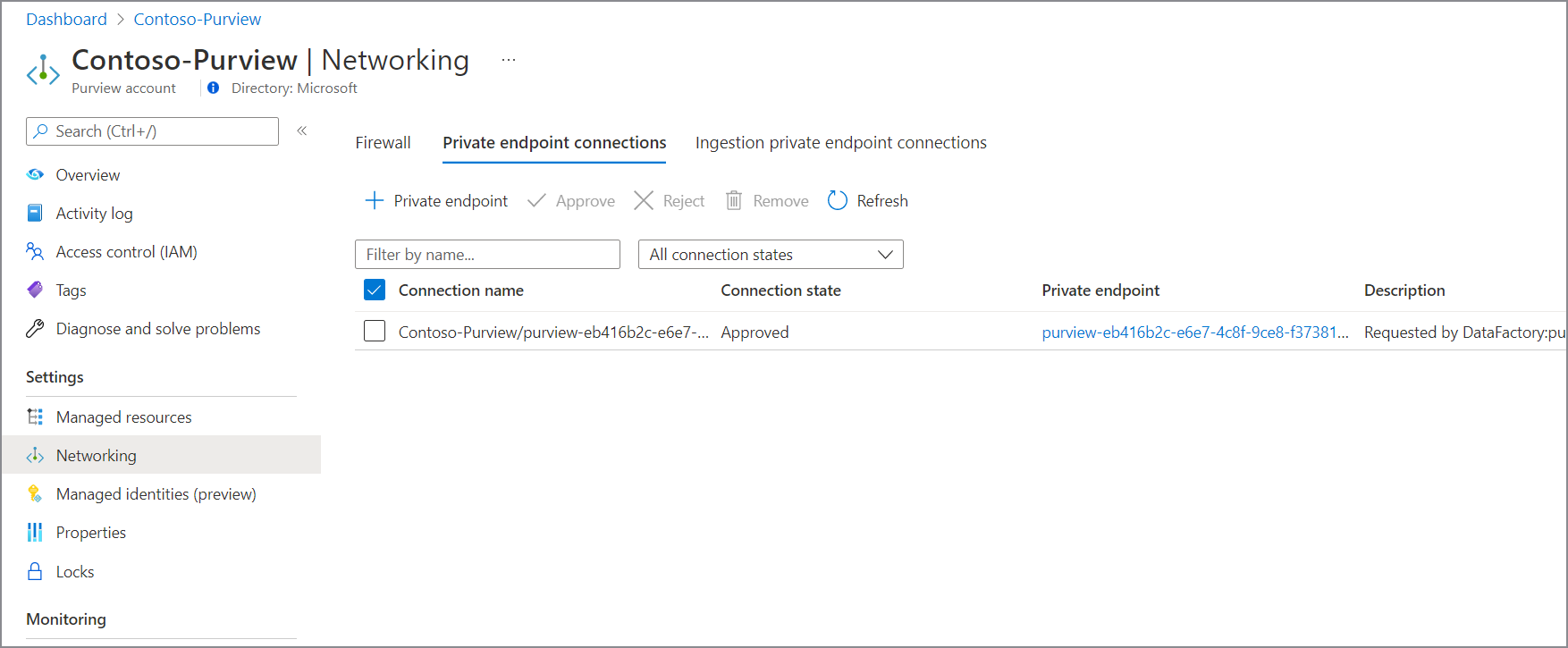 Captura de pantalla que muestra cómo aprobar un punto de conexión privado administrado para Microsoft Purview: aprobado