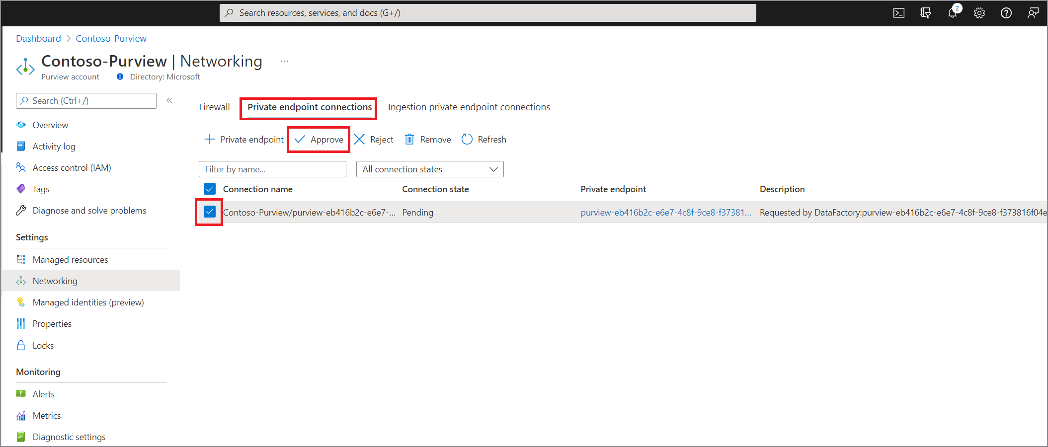 Captura de pantalla que muestra cómo aprobar un punto de conexión privado administrado para Microsoft Purview