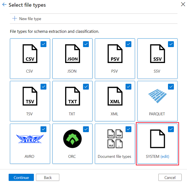 Captura de pantalla que muestra el nuevo icono de tipo de archivo personalizado en la página Seleccionar tipos de archivo.