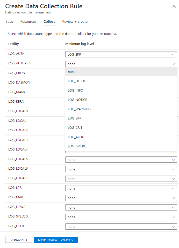 Captura de pantalla que muestra cómo seleccionar los niveles de registro al configurar el controlador de dominio.