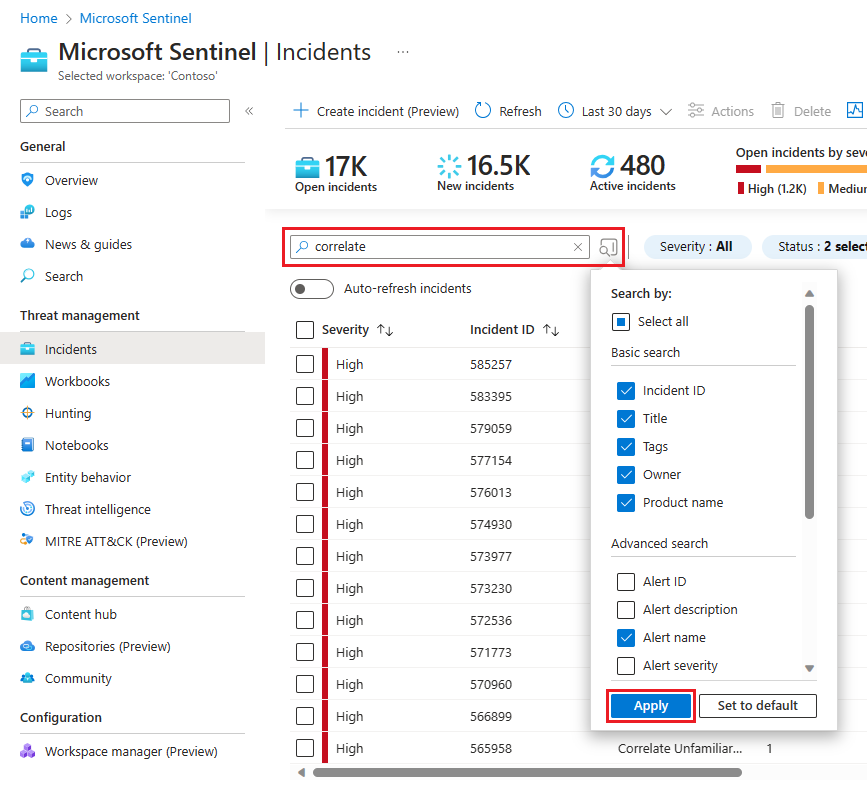 Screenshot of the incident search box and button to select basic and/or advanced search options.