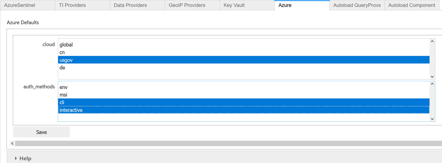 Captura de pantalla de la configuración definida para la nube de Azure Government.