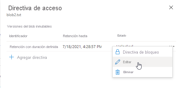 Captura de pantalla que muestra cómo editar una directiva de retención con duración definida existente en Azure Portal