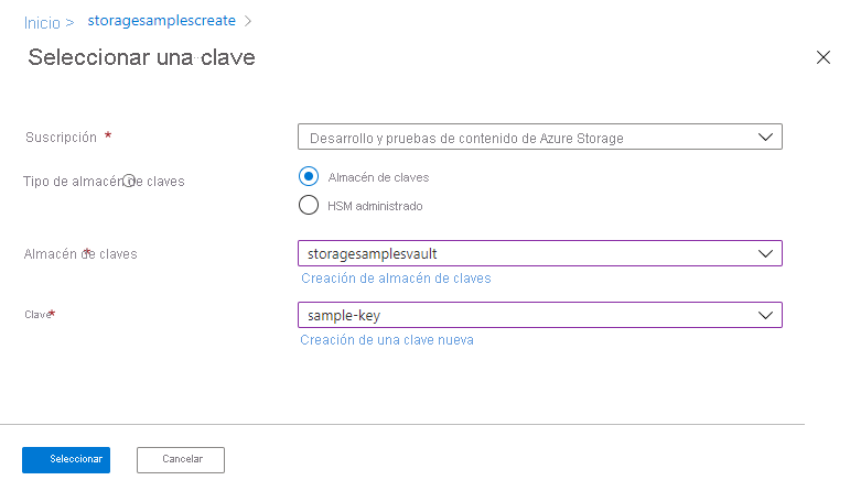Captura de pantalla que muestra cómo seleccionar el almacén de claves y la clave en Azure Portal