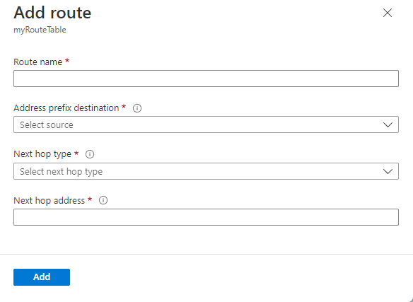Captura de pantalla de una página para agregar una ruta para una tabla de rutas.