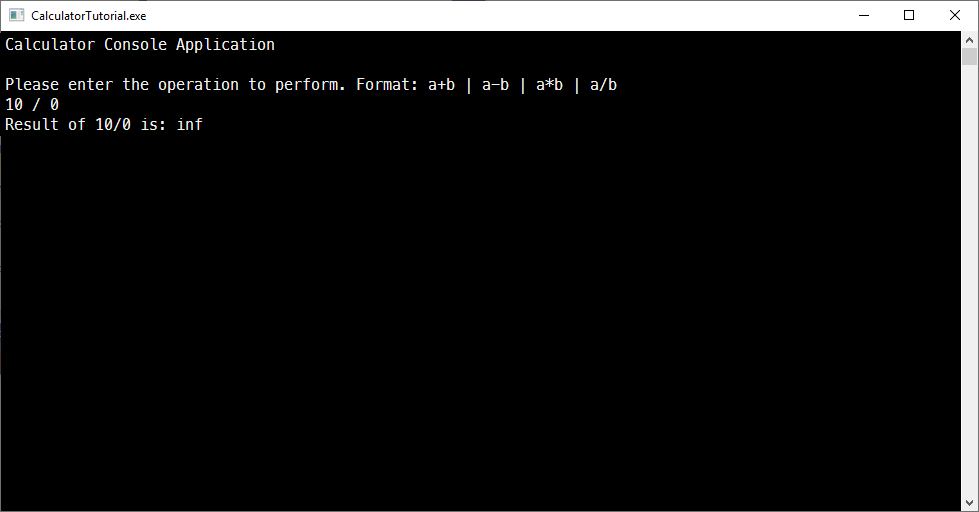 Captura de pantalla de la Consola de depuración de Visual Studio en la que se muestra el resultado de una división por cero, que es inf.