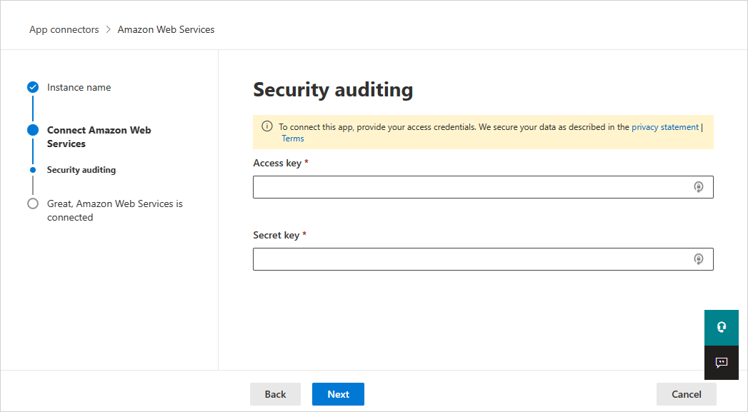 Conectar auditoría de seguridad de aplicaciones de AWS para el nuevo conector.