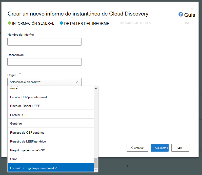 Captura de pantalla del cuadro de diálogo Crear nuevo informe de instantáneas de Cloud Discovery.