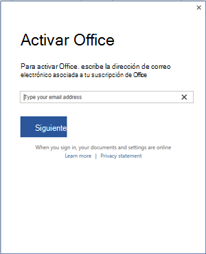 Pantalla de activación de Office que pide al usuario que escriba su dirección de correo electrónico asociada a la suscripción de Office.