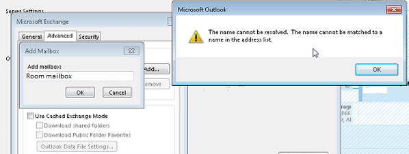Captura de pantalla del mensaje de error de nombre al agregar un buzón de sala o recurso entre bosques en Outlook.