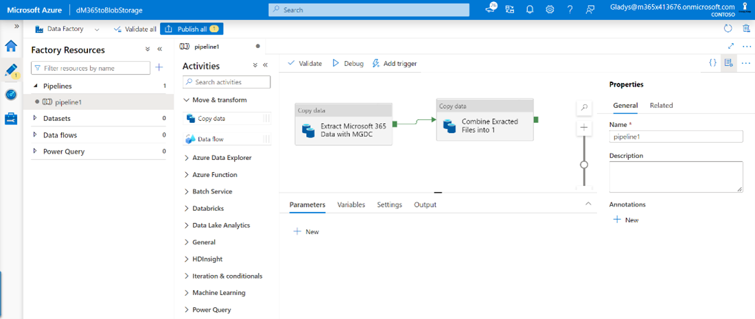 Captura de pantalla de Microsoft Azure en la que se muestra la actividad de copia de datos