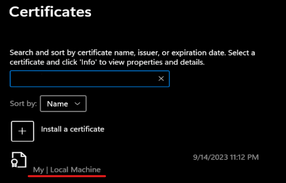 Administrador de certificados que muestra la ubicación del certificado