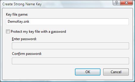 Screenshot of the Create Strong Name Key dialog.