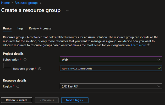 Captura de pantalla de la página Crear un grupo de recursos.