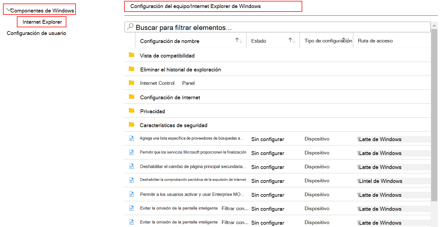 Consulte todas las configuraciones de dispositivo que se aplican a Internet Explorer en Microsoft Intune y en el Centro de administración de Intune.