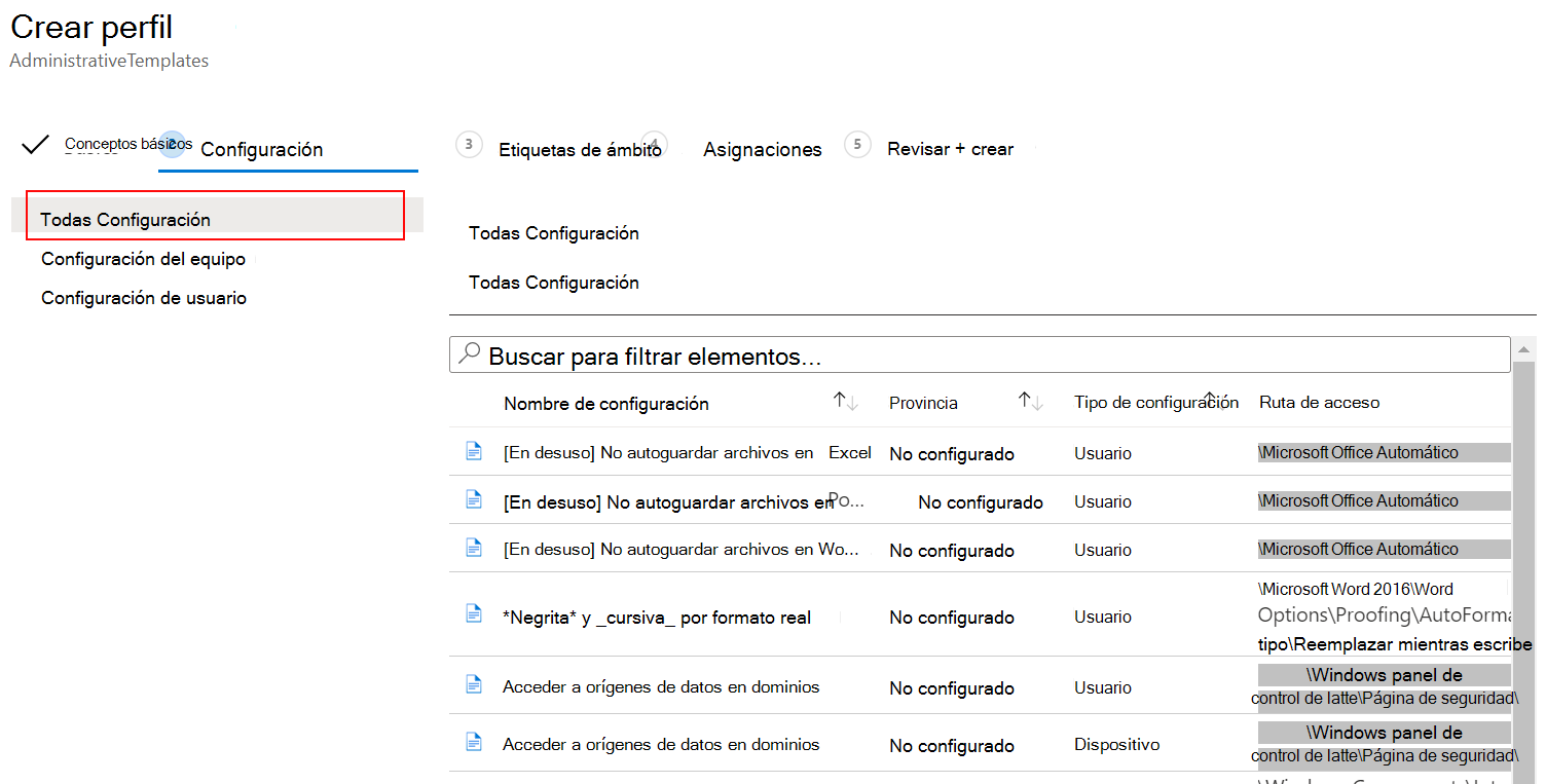 Captura de pantalla que muestra cómo seleccionar Toda la configuración mediante la directiva de plantilla ADMX en Microsoft Intune.