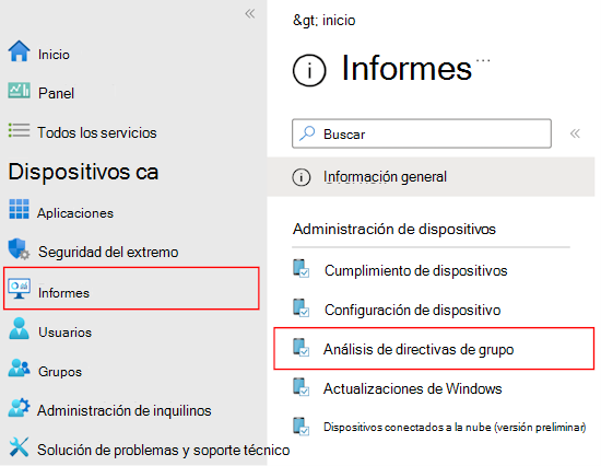 Captura de pantalla que muestra cómo revisar el informe y la salida de los GPO importados mediante el análisis de directivas de grupo en Microsoft Intune y el Centro de administración de Intune.