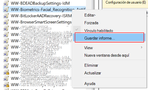 Captura de pantalla que muestra cómo abrir la administración de directivas de grupo y guardar un GPO como informe de archivos XML.