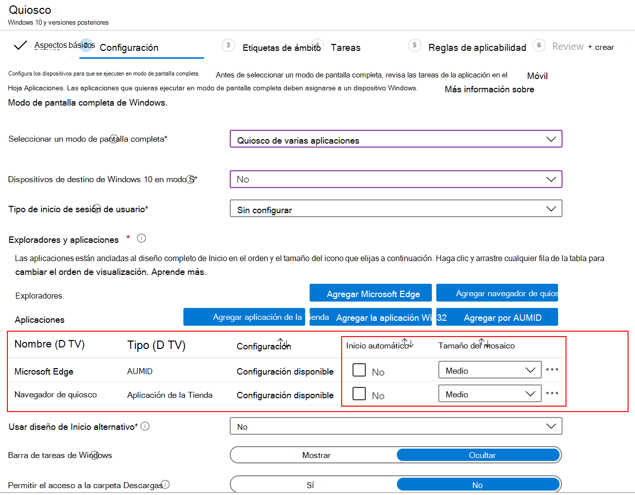 Inicie automáticamente la aplicación o el explorador y seleccione el tamaño del icono en un perfil de pantalla completa de varias aplicaciones en Microsoft Intune.