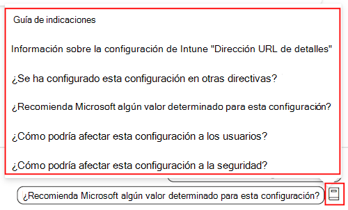 Captura de pantalla que muestra la guía de solicitud de configuración de Copilot y una lista de los avisos disponibles en el Catálogo de configuración en Microsoft Intune y el Centro de administración de Intune.