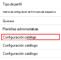 Captura de pantalla que muestra cómo abrir el catálogo de configuración en Microsoft Intune y el Centro de administración de Intune.