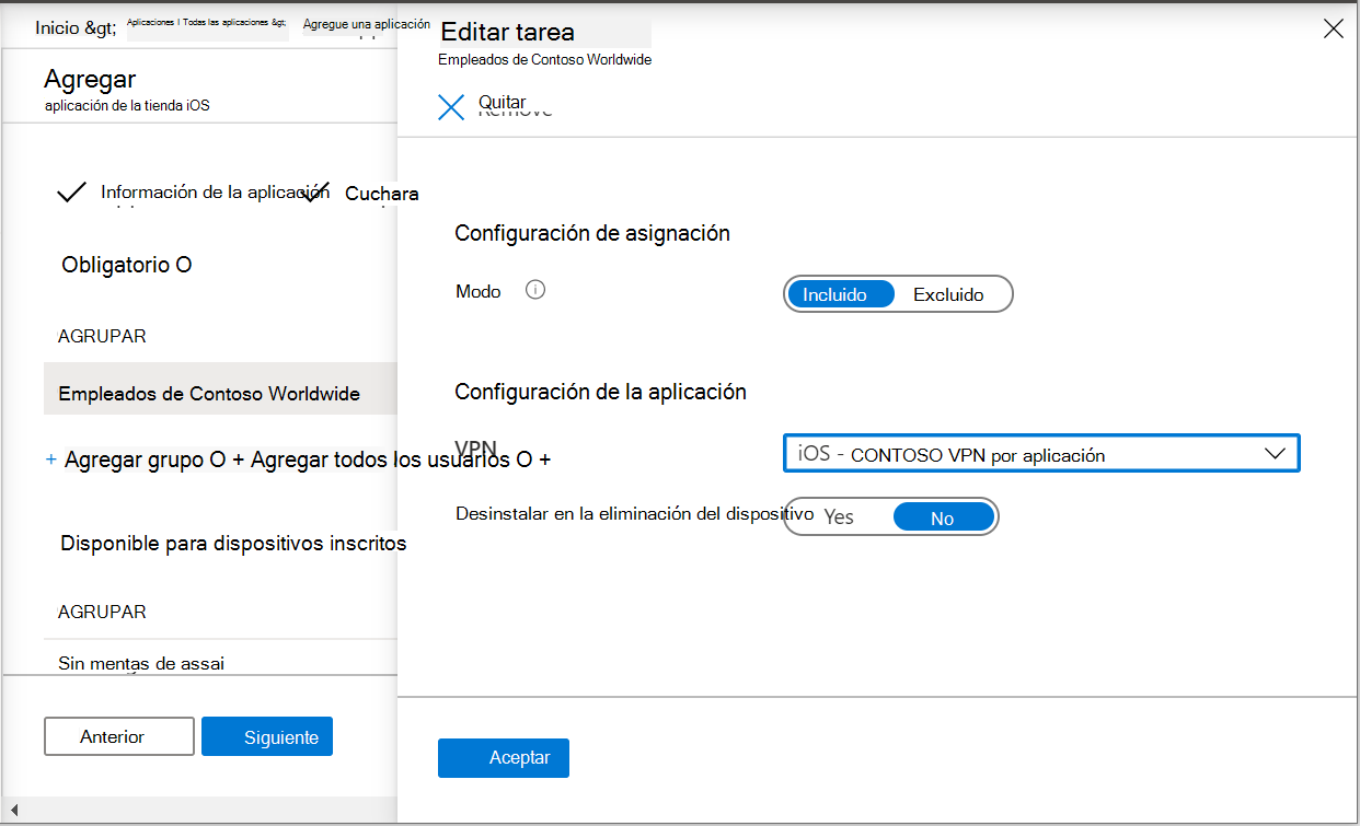 Dos capturas de pantalla que muestran la asignación de una aplicación al perfil de VPN por aplicación en Microsoft Intune y el Centro de administración de Intune.