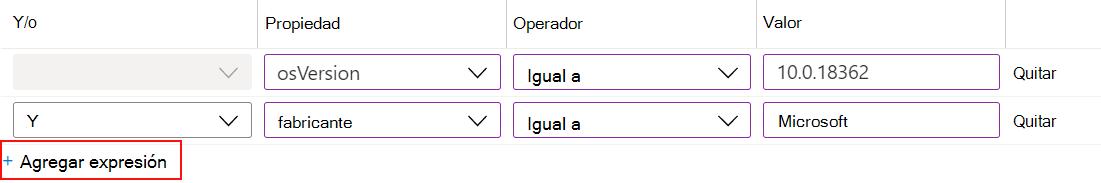 Captura de pantalla que muestra cómo usar el generador de reglas en Microsoft Intune para crear un filtro de expresión y asignar a las directivas.