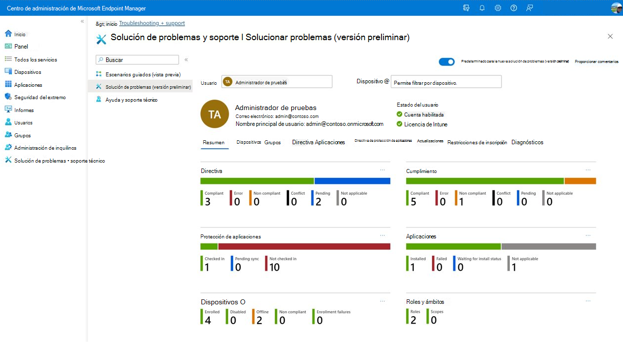 Panel de solución de problemas de Intune