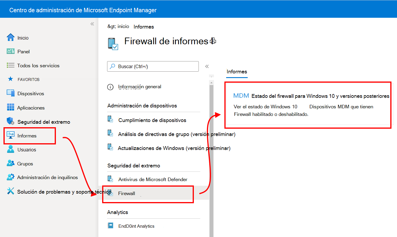 Selección de informes de firewall