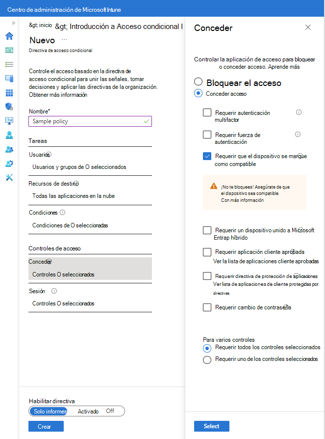 captura de pantalla de la superficie de configuración y las opciones para conceder