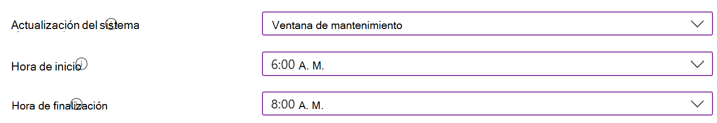 Captura de pantalla que muestra la configuración de actualización del sistema con una ventana de mantenimiento para dispositivos Android Enterprise en el Centro de administración de Microsoft Intune.