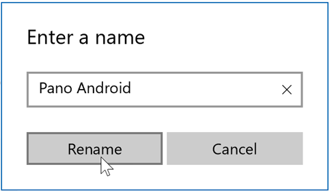 Captura de pantalla de ejemplo de la aplicación Portal de empresa para Windows, página Detalles del dispositivo, campo emergente Cambiar nombre.