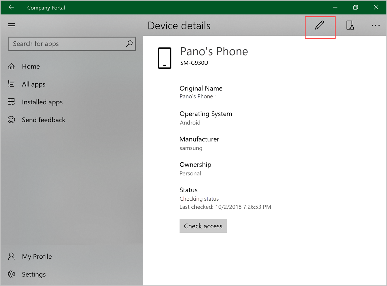 Captura de pantalla de ejemplo de la aplicación Portal de empresa para Windows, en la que se resalta el icono cambiar nombre del lápiz.