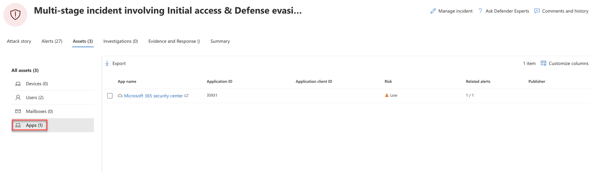 La página Aplicaciones de un incidente en el portal de Microsoft Defender.