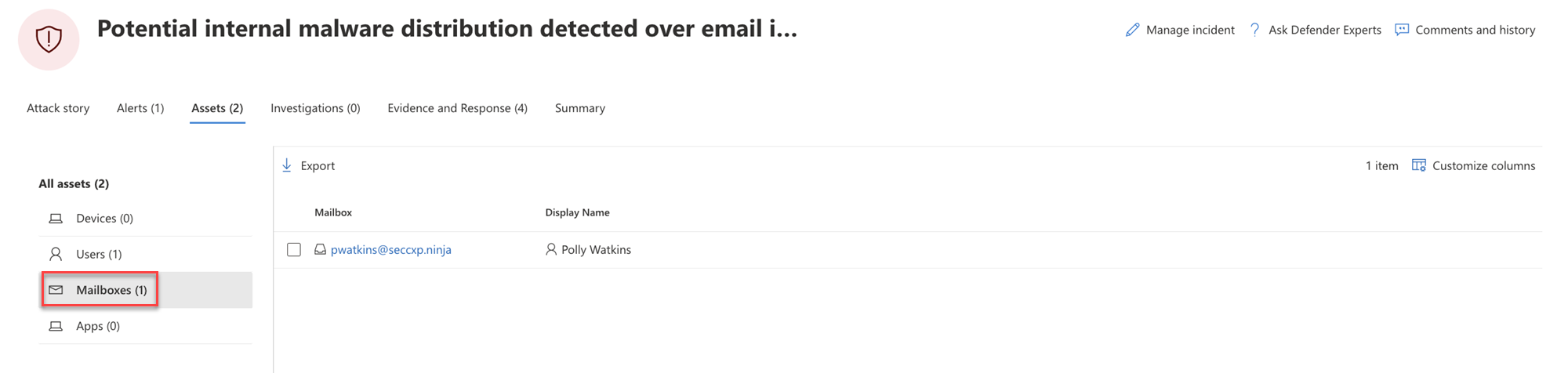 Página Buzones de correo de un incidente en el portal de Microsoft Defender.