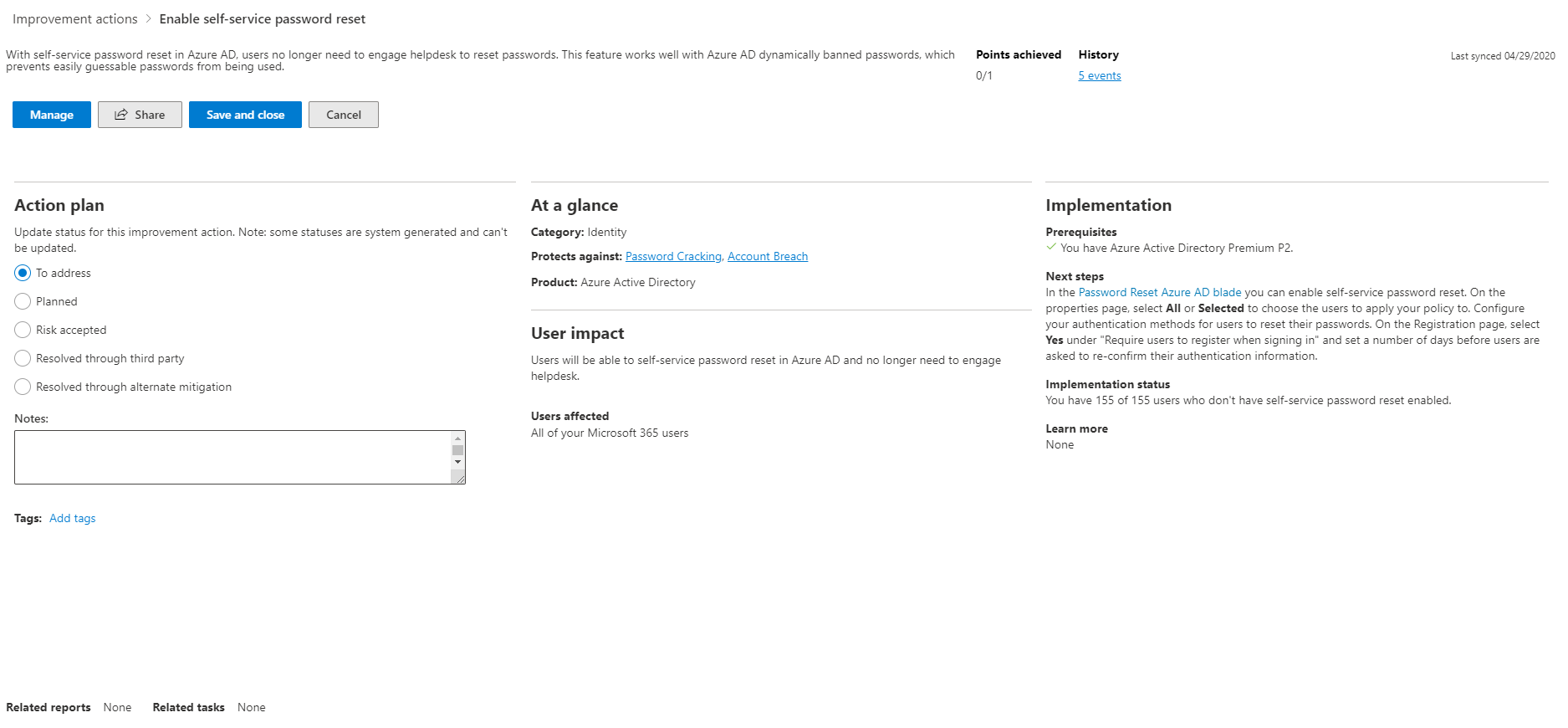 Captura de pantalla que muestra el control flotante de una acción recomendada en el portal de Microsoft 365 Defender.