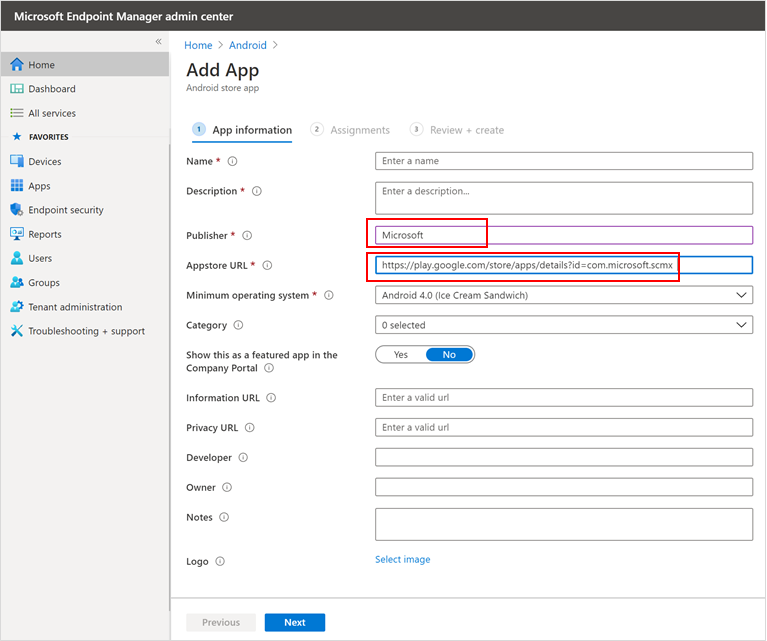 La página Agregar aplicación que muestra la información del publicador y la dirección URL de la aplicación en el portal del Centro de administración de Microsoft Intune