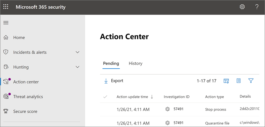 Página del Centro de acciones en el portal de Microsoft Defender
