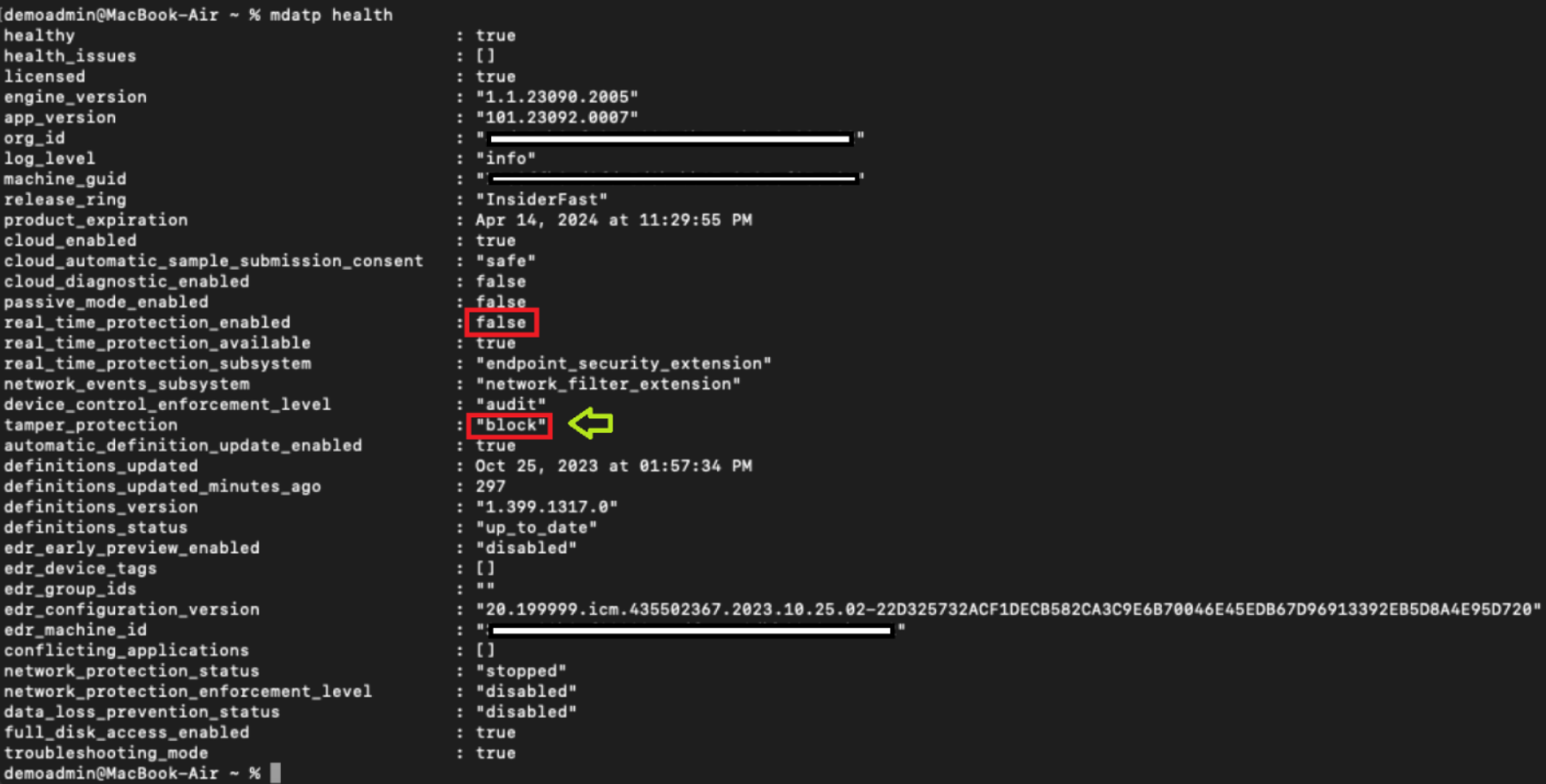 Captura de pantalla que muestra la captura de pantalla del informe de salida del mantenimiento de mdatp en ejecución.
