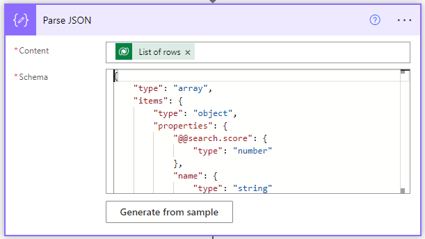 Captura de pantalla del esquema JSON ingresado en el nodo Analizar JSON.