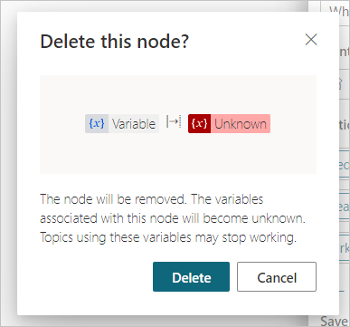 El mensaje de eliminación de la variable de copiloto indica que las referencias a esa variable se etiquetarán como desconocidas.